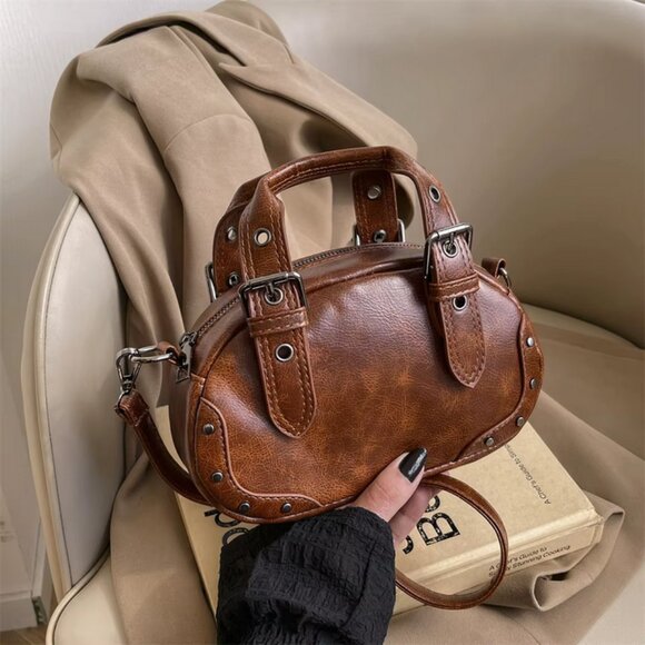 Retro PU Leather Rivet Crossbody Top Handle Mini Saddle Bag 3 Colors - Picture 1 of 16